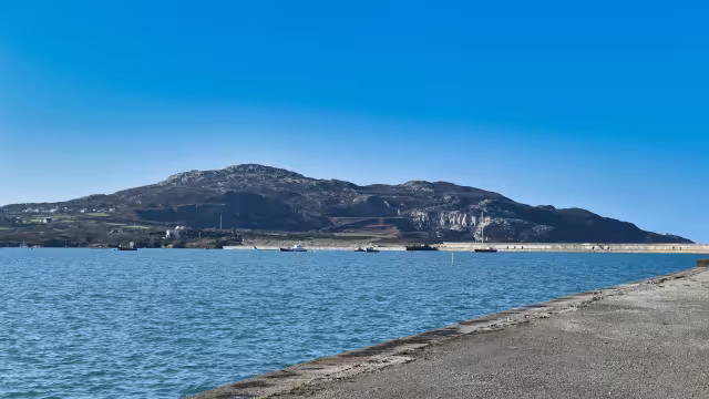 A scenice view of Holyhead Mountain, from the Holyhead breakwater
