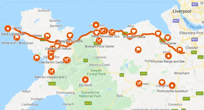 Map of The North Wales Way tour route