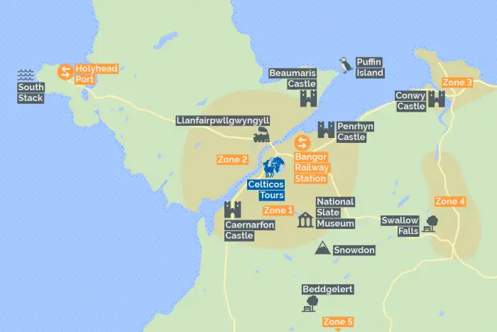 Points of Interest on a map of North Wales