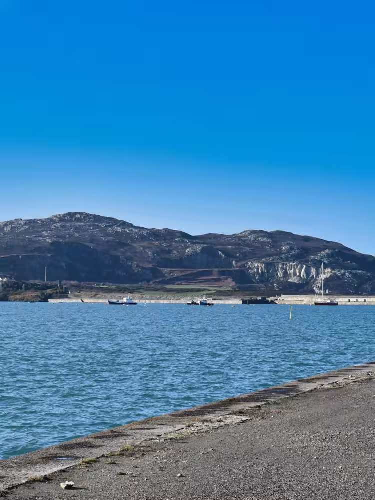 A scenice view of Holyhead Mountain, from the Holyhead breakwater