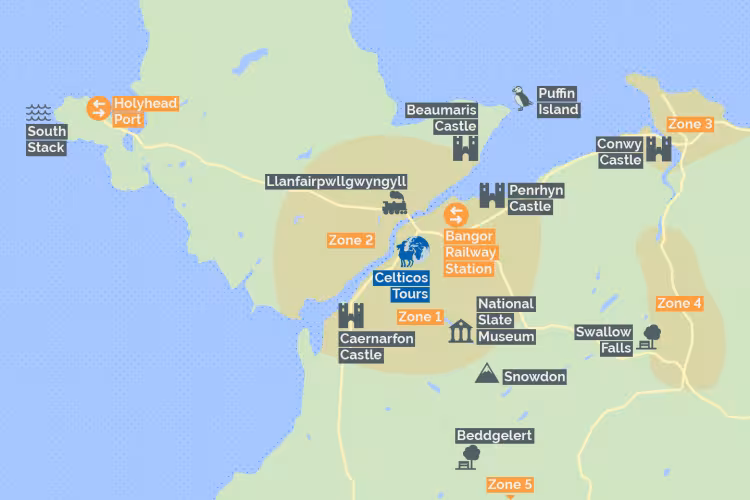 Points of Interest on a map of North Wales