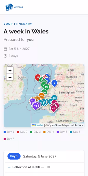 A sample itinerary on a phone: the route on a map of Wales, with each stop numbered
