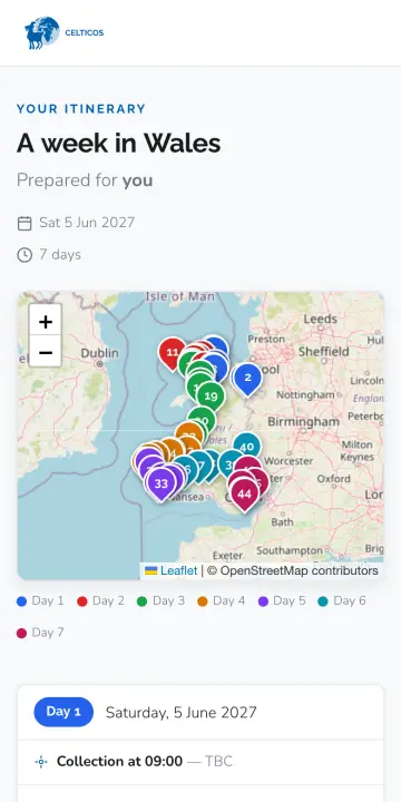 A sample itinerary on a phone: the route on a map of Wales, with each stop numbered