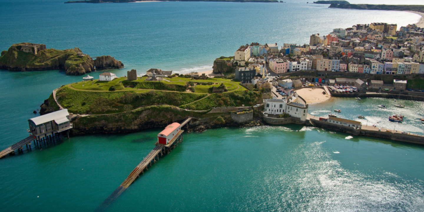 Tenby, sandy shore and walled town 